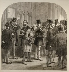 Una divisione nella Camera dei Comuni: membri che passano i contatori, da The Illustrated London News, 18 febbraio 1882